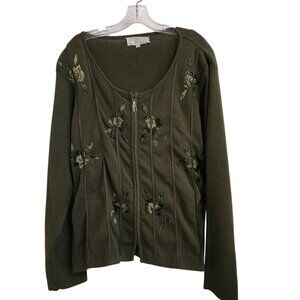 Juliette Womens Green Embroidered Zip-Up Sweater With Beaded Details XXL